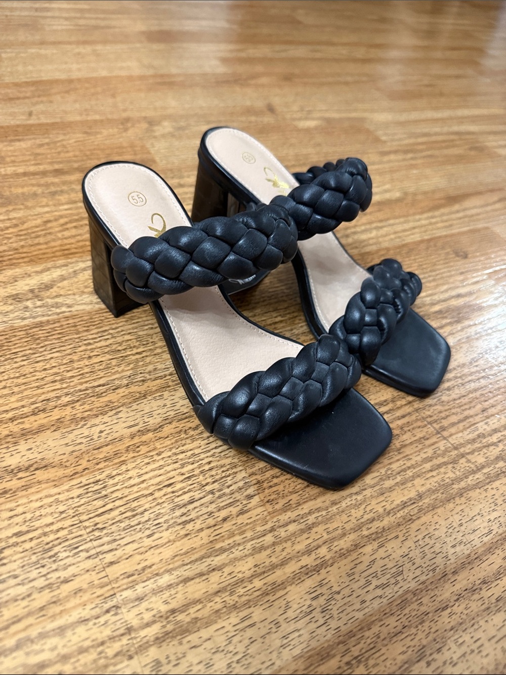 Braided Double-Strap Black Block Heel Sandal - Sleek Slide